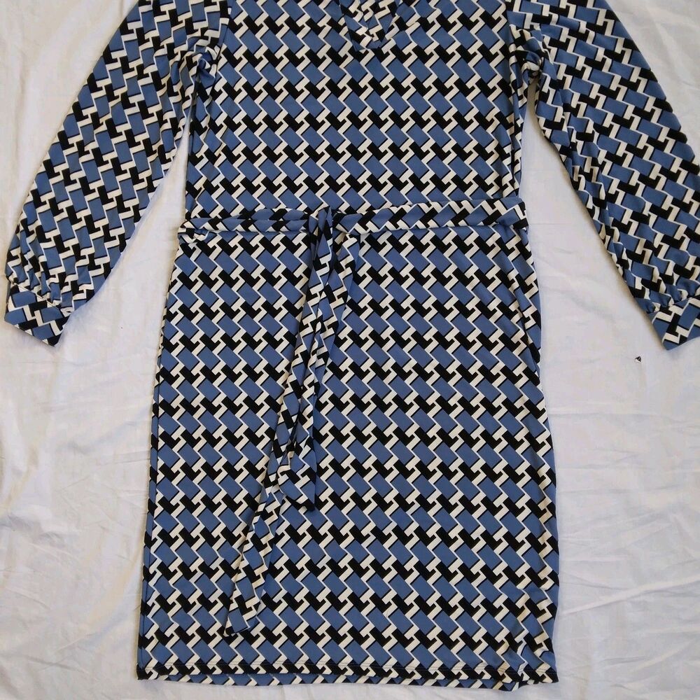 Anne Klein Long Sleeve Sheath Dress Belted Blue Black Geometric Retro Size S - Picture 3 of 16